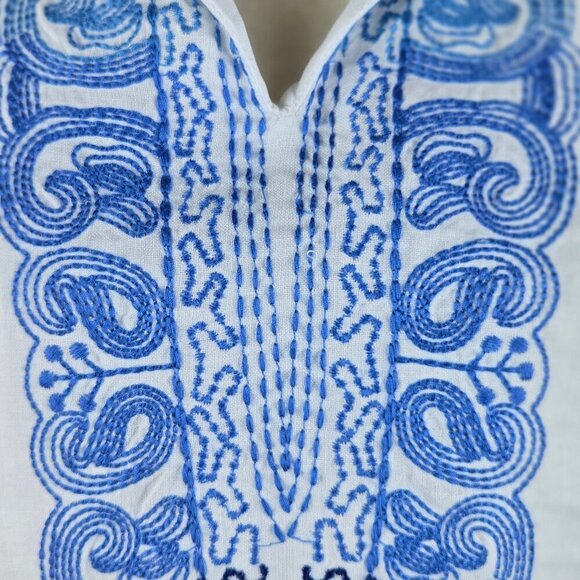 Symple NYC White Linen Tunic Blouse Ombre Blue Embroidery Roll Tab Sleeves - Picture 4 of 15